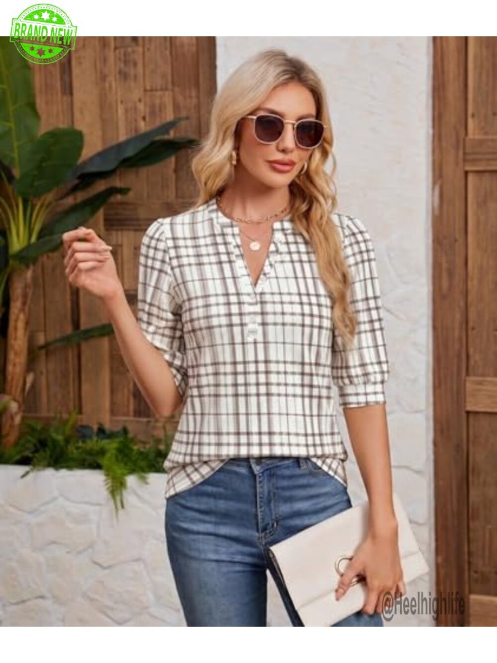 Women's V-Neck Puff Sleeve Blouse Henley Tunic Dressy Casual Knit Top - Picture 4 of 5